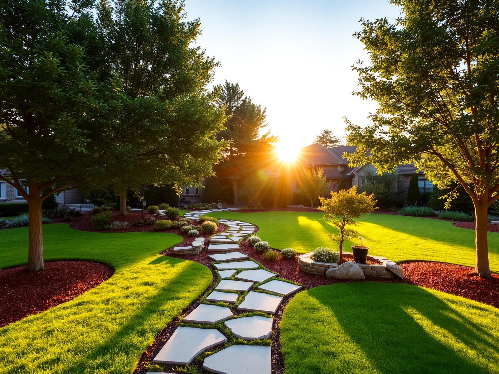 Premium landscaped backyard at sunset